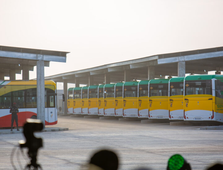 Buses at a station in Dakar's new bus rapid transit system