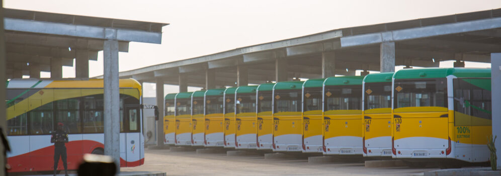 Buses at a station in Dakar's new bus rapid transit system